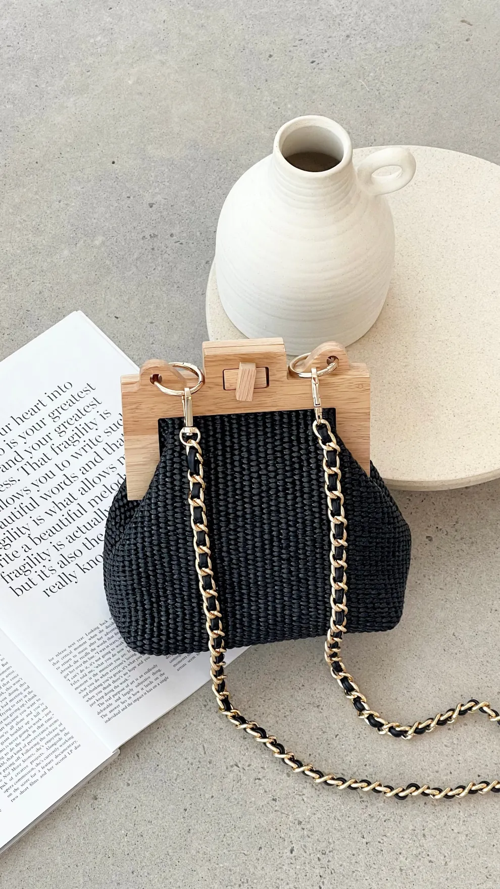 Abby Timber Frame Woven Mini Bag - Black