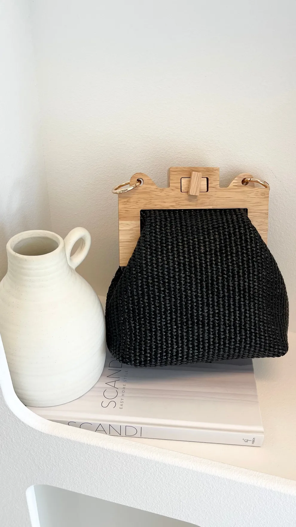 Abby Timber Frame Woven Mini Bag - Black