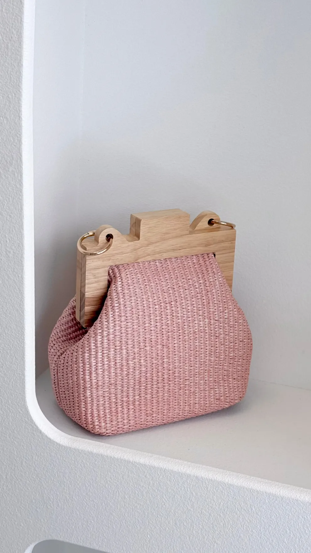 Abby Timber Frame Woven Mini Bag - Pale / Pink
