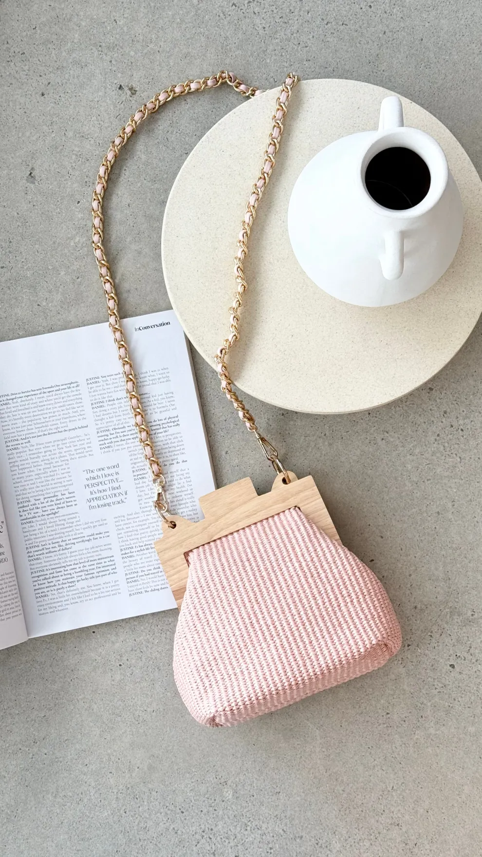 Abby Timber Frame Woven Mini Bag - Pale / Pink