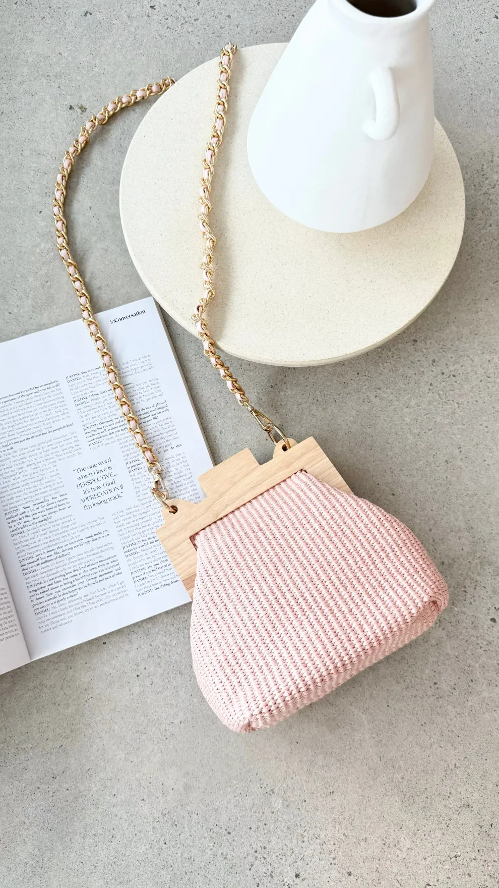 Abby Timber Frame Woven Mini Bag - Pale / Pink