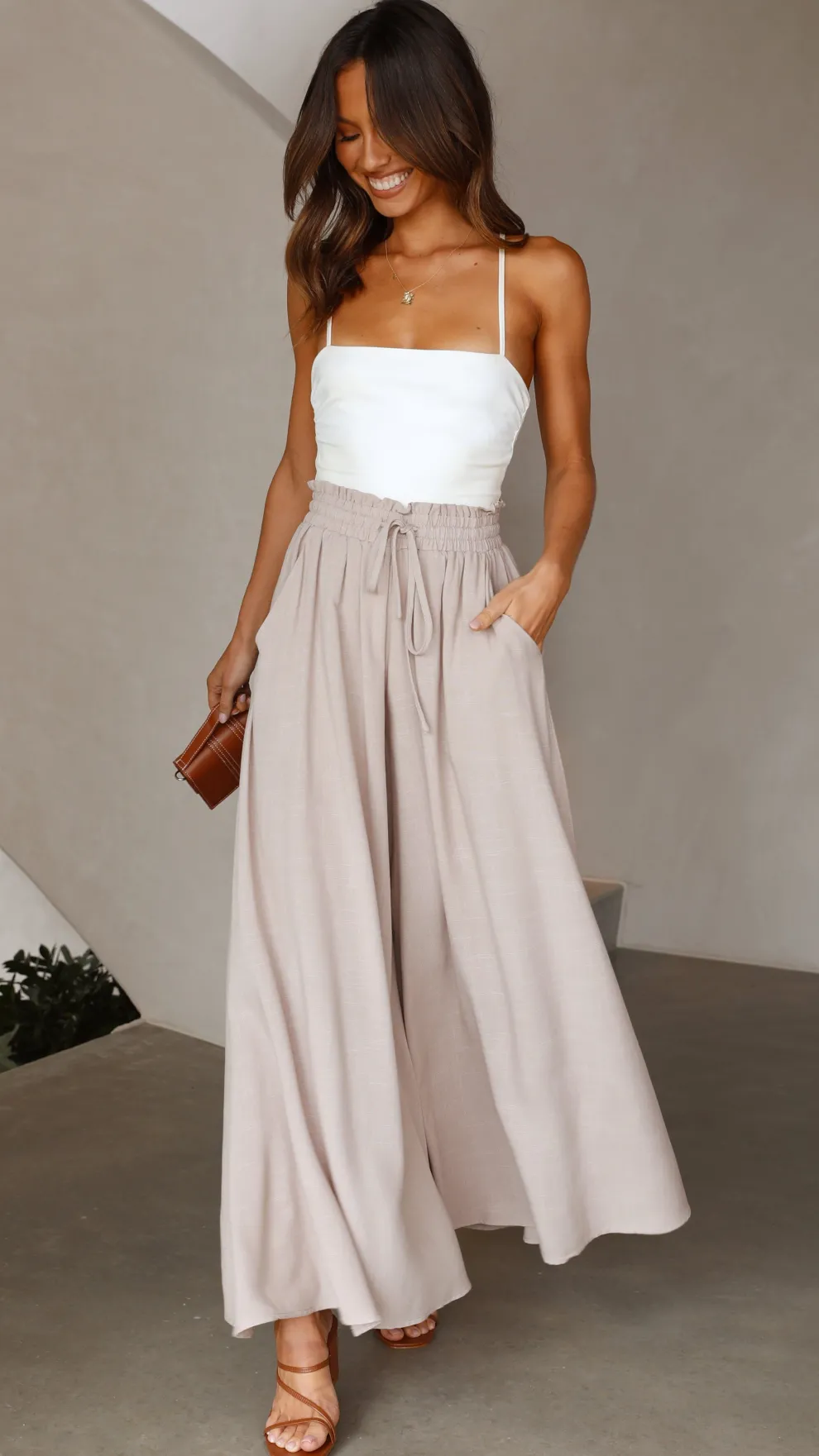 Avery Wide Leg Pants - Beige