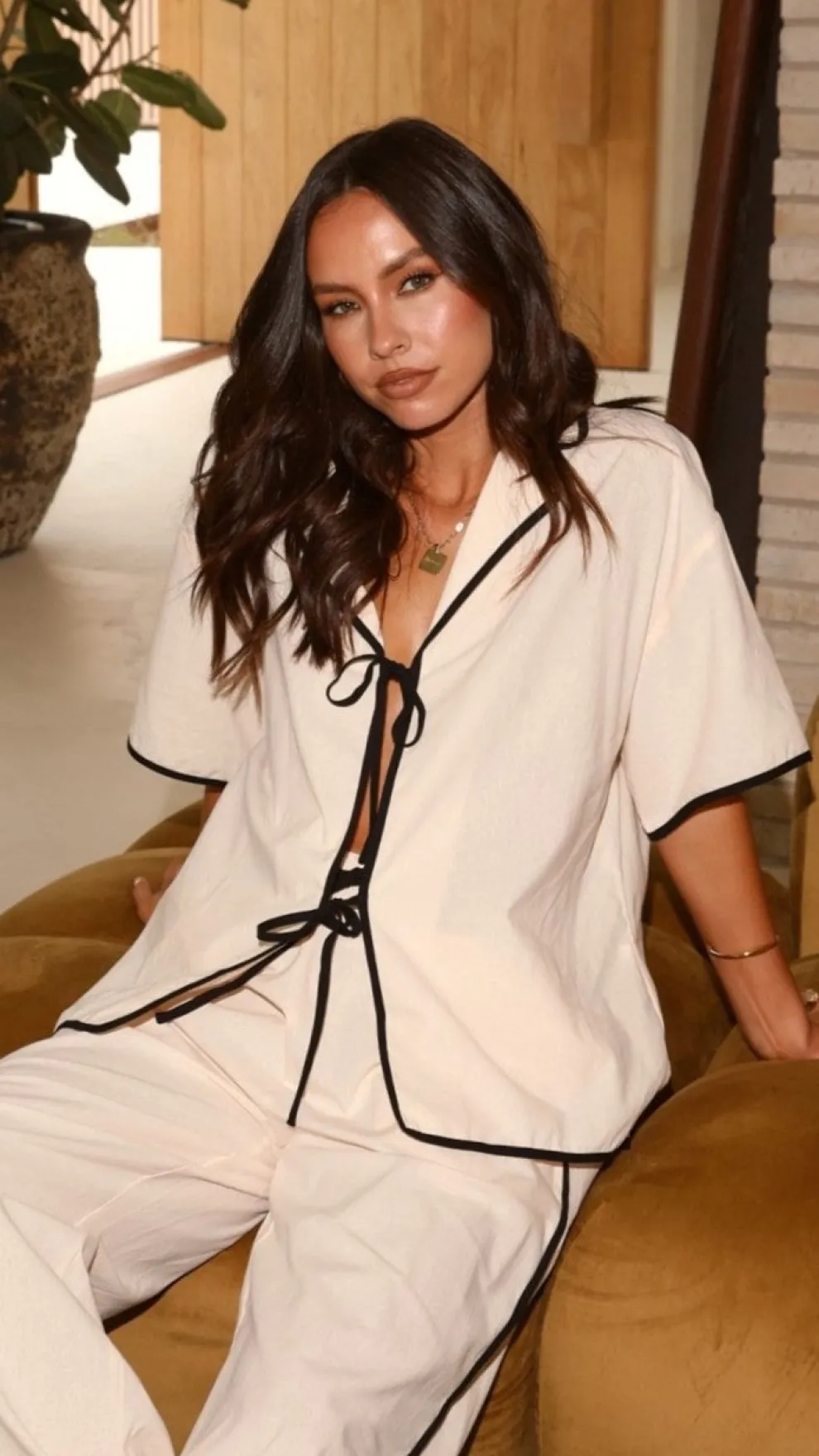 Basima Tie Shirt - Beige / Black