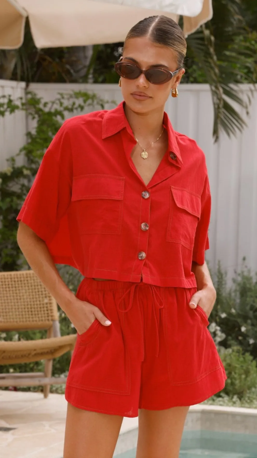 Bridgette Cropped Shirt and Shorts Set - Red