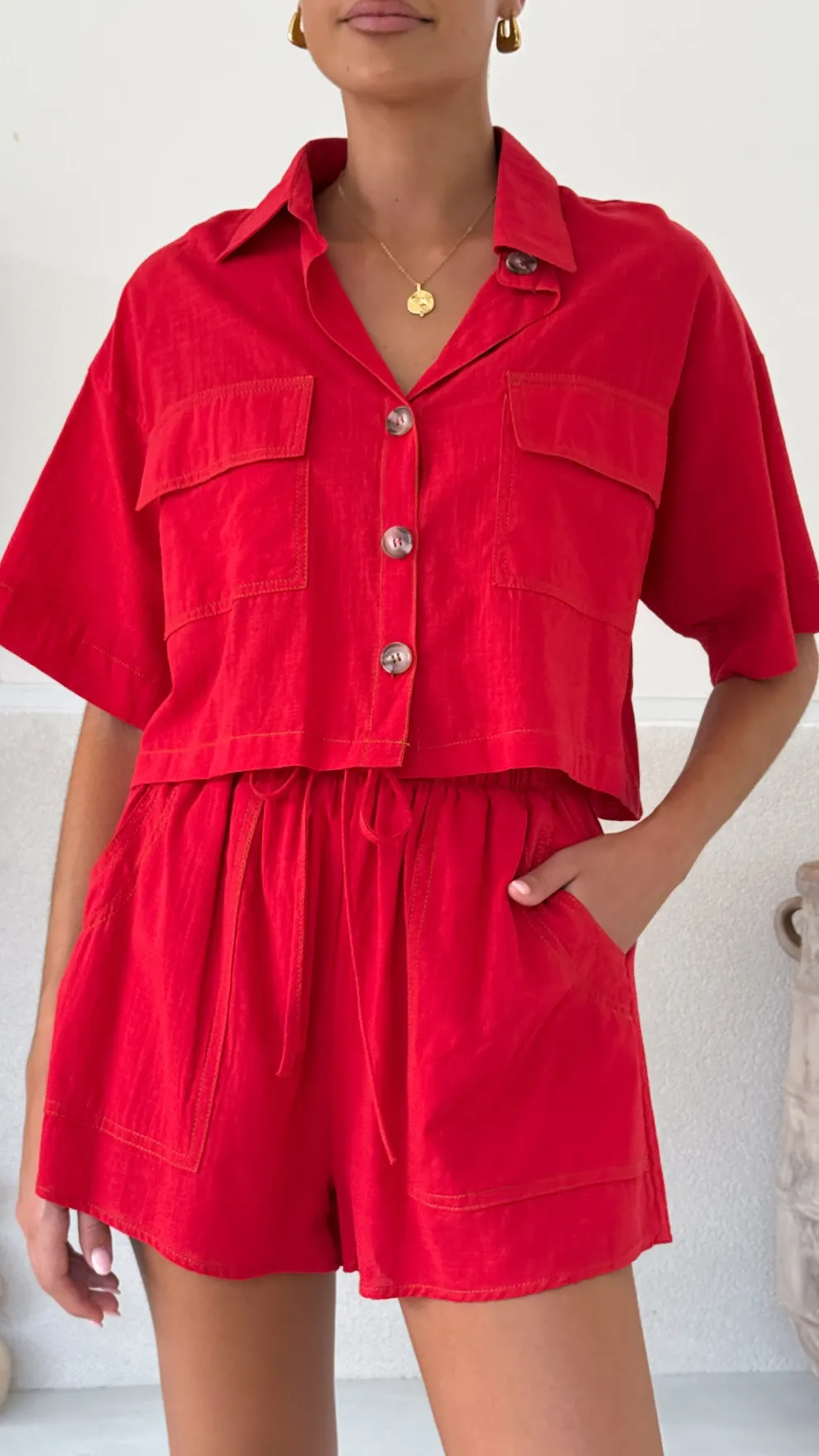 Bridgette Cropped Shirt and Shorts Set - Red