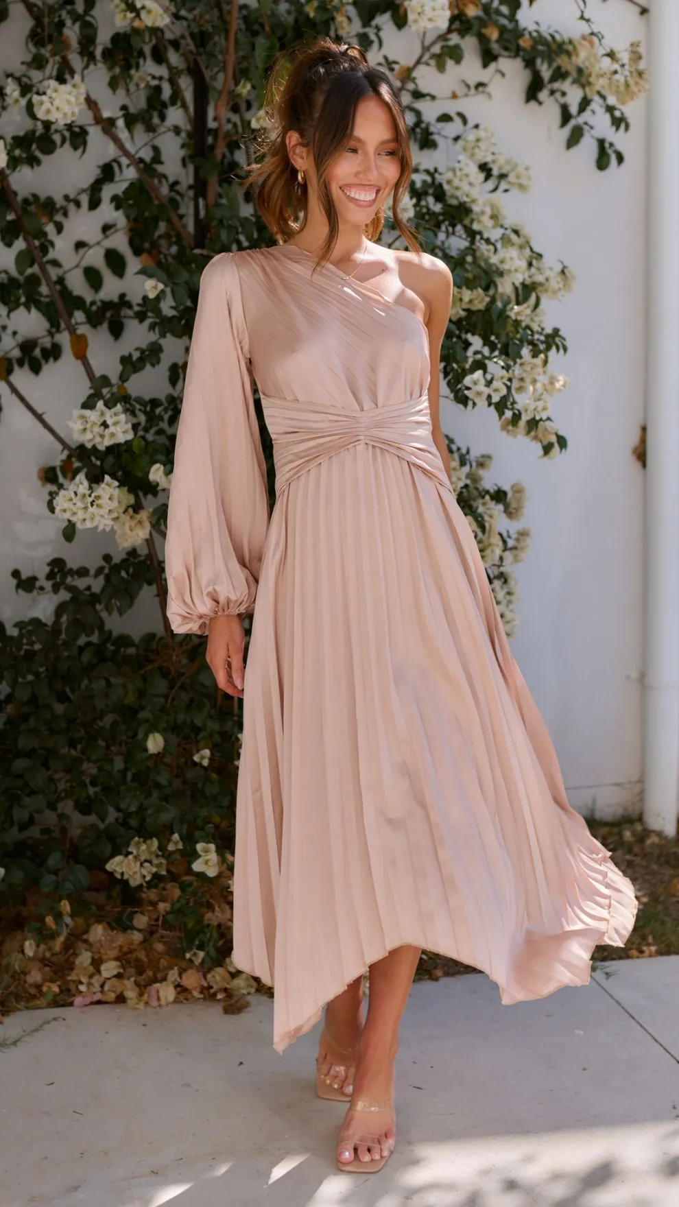 Brooklyn One Shoulder Midi Dress - Champagne