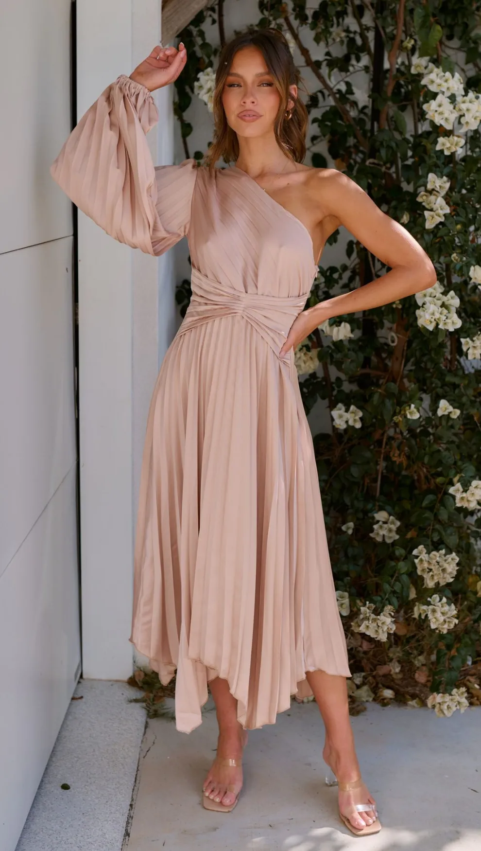Brooklyn One Shoulder Midi Dress - Champagne