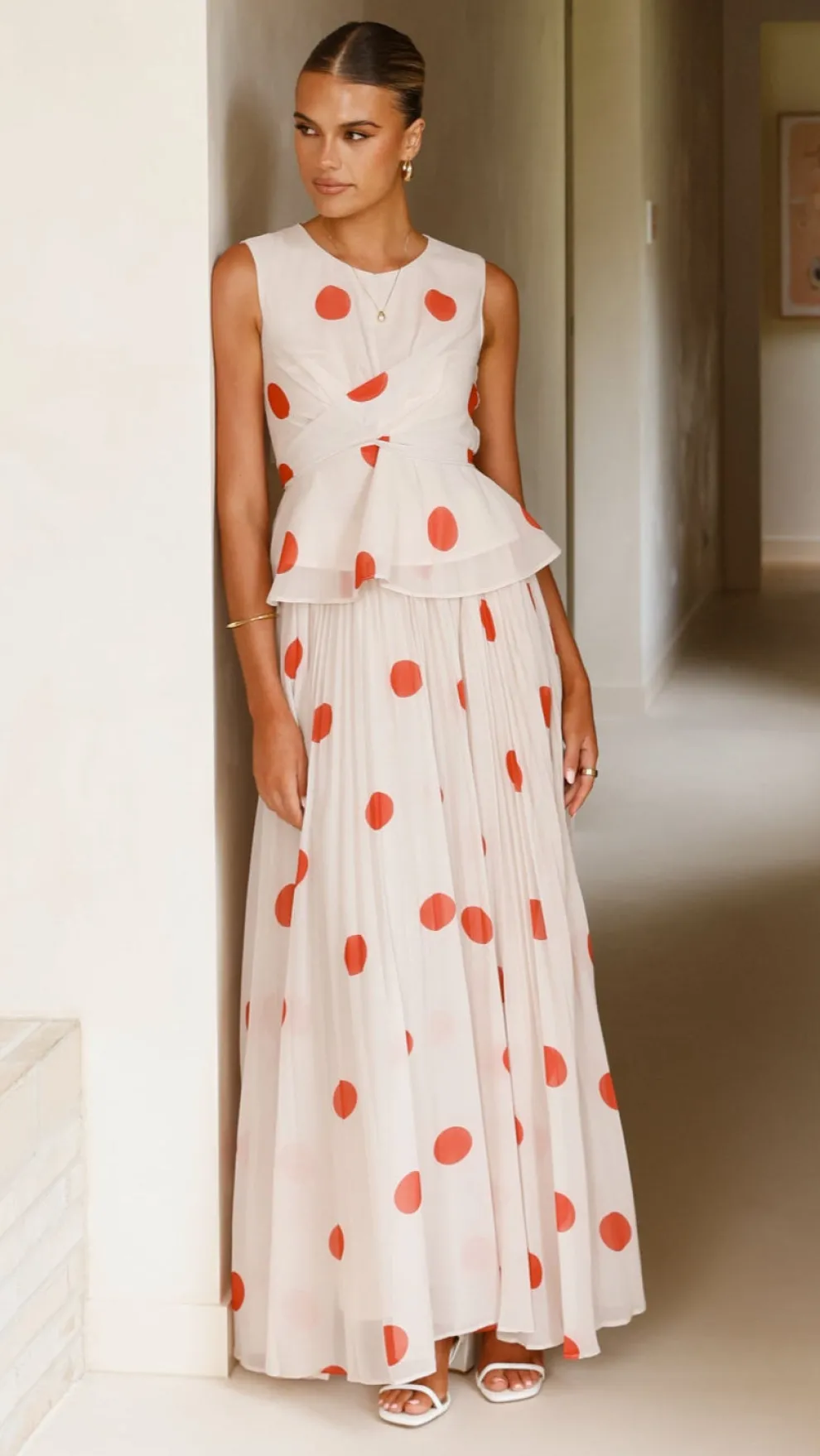 Cambree Peplum Top and Maxi Skirt Set - Beige / Red Polka Dot