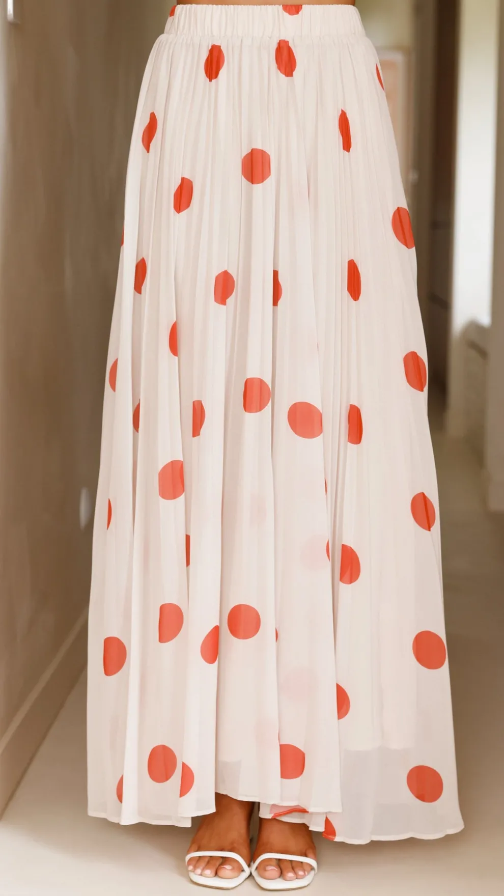 Cambree Peplum Top and Maxi Skirt Set - Beige / Red Polka Dot