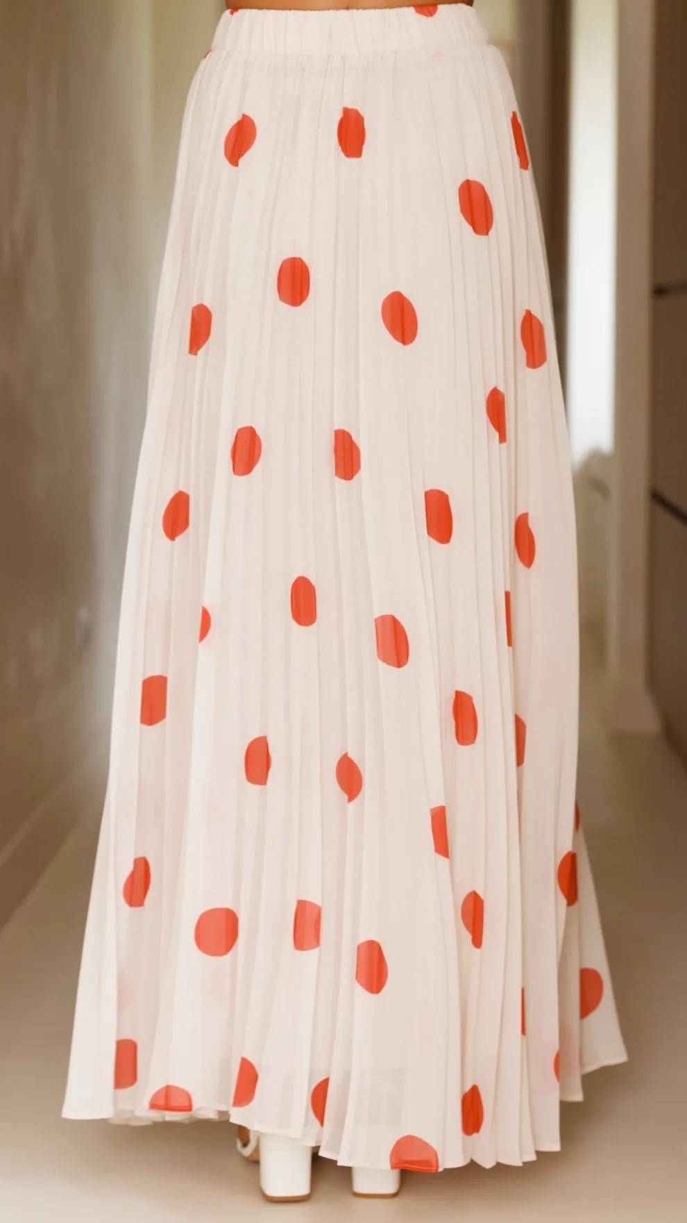 Cambree Peplum Top and Maxi Skirt Set - Beige / Red Polka Dot