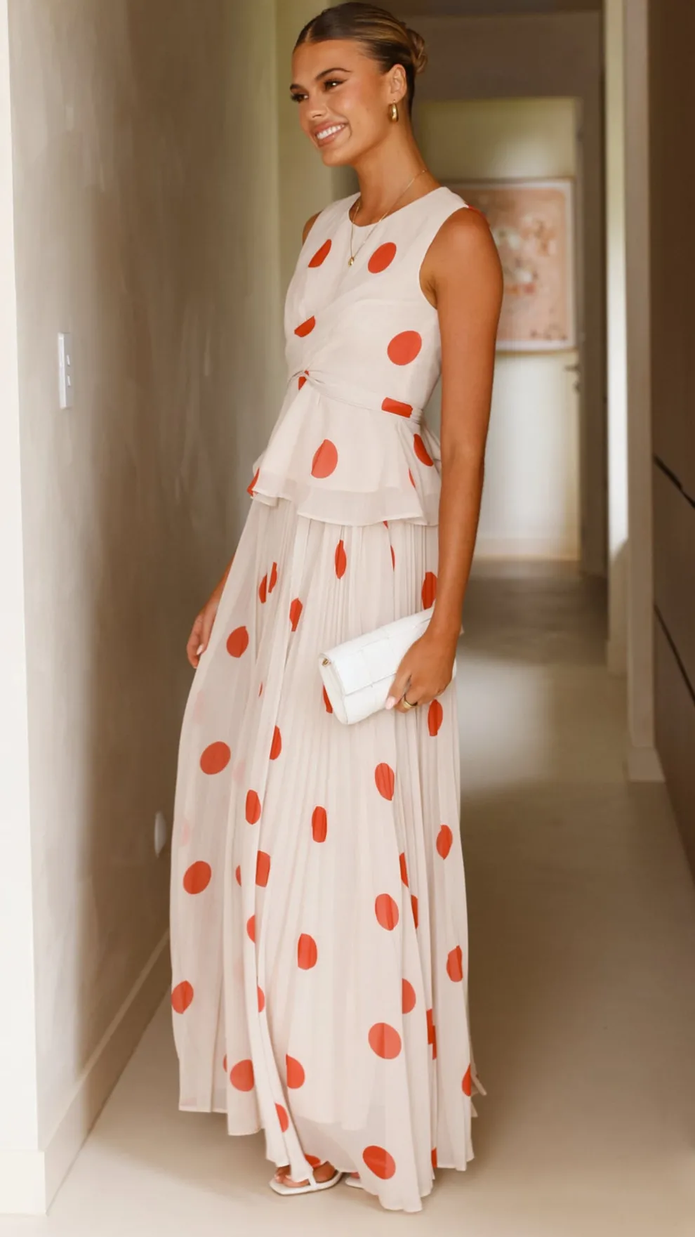 Cambree Peplum Top and Maxi Skirt Set - Beige / Red Polka Dot