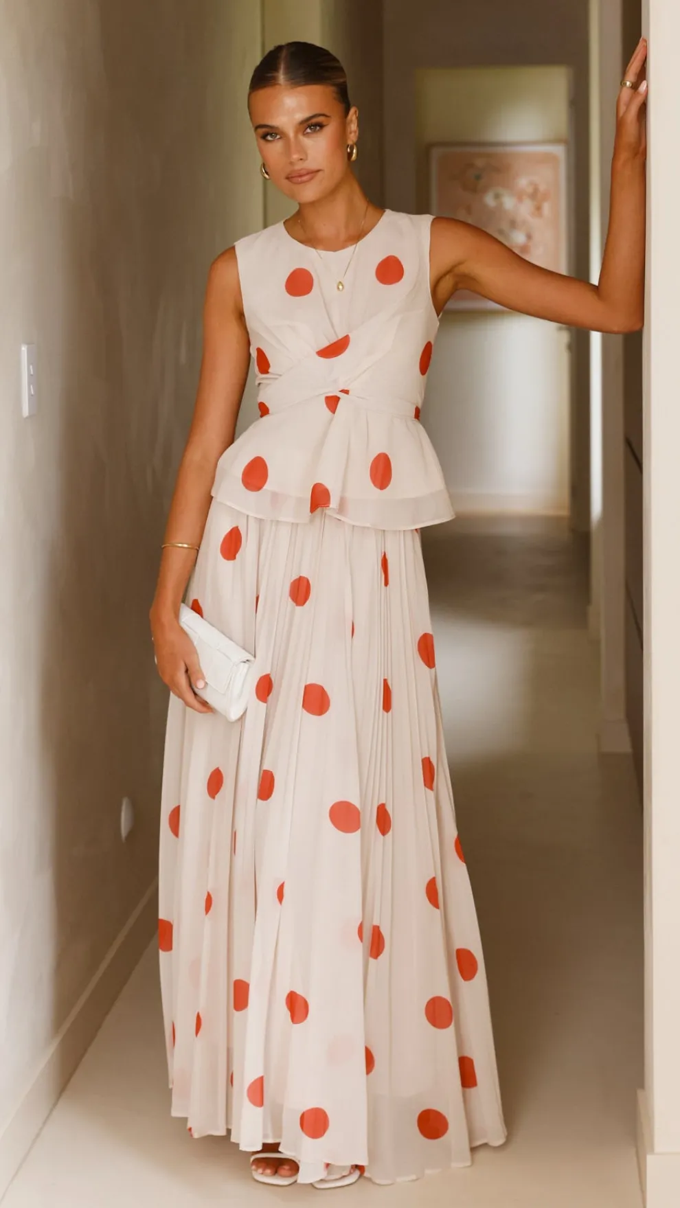 Cambree Peplum Top and Maxi Skirt Set - Beige / Red Polka Dot