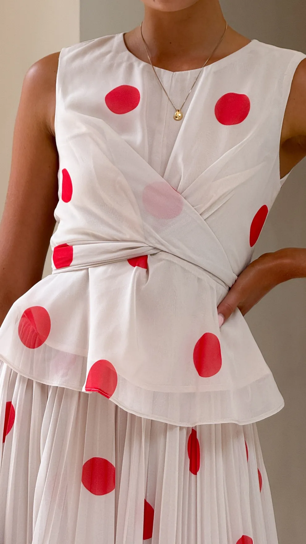 Cambree Peplum Top and Maxi Skirt Set - Beige / Red Polka Dot