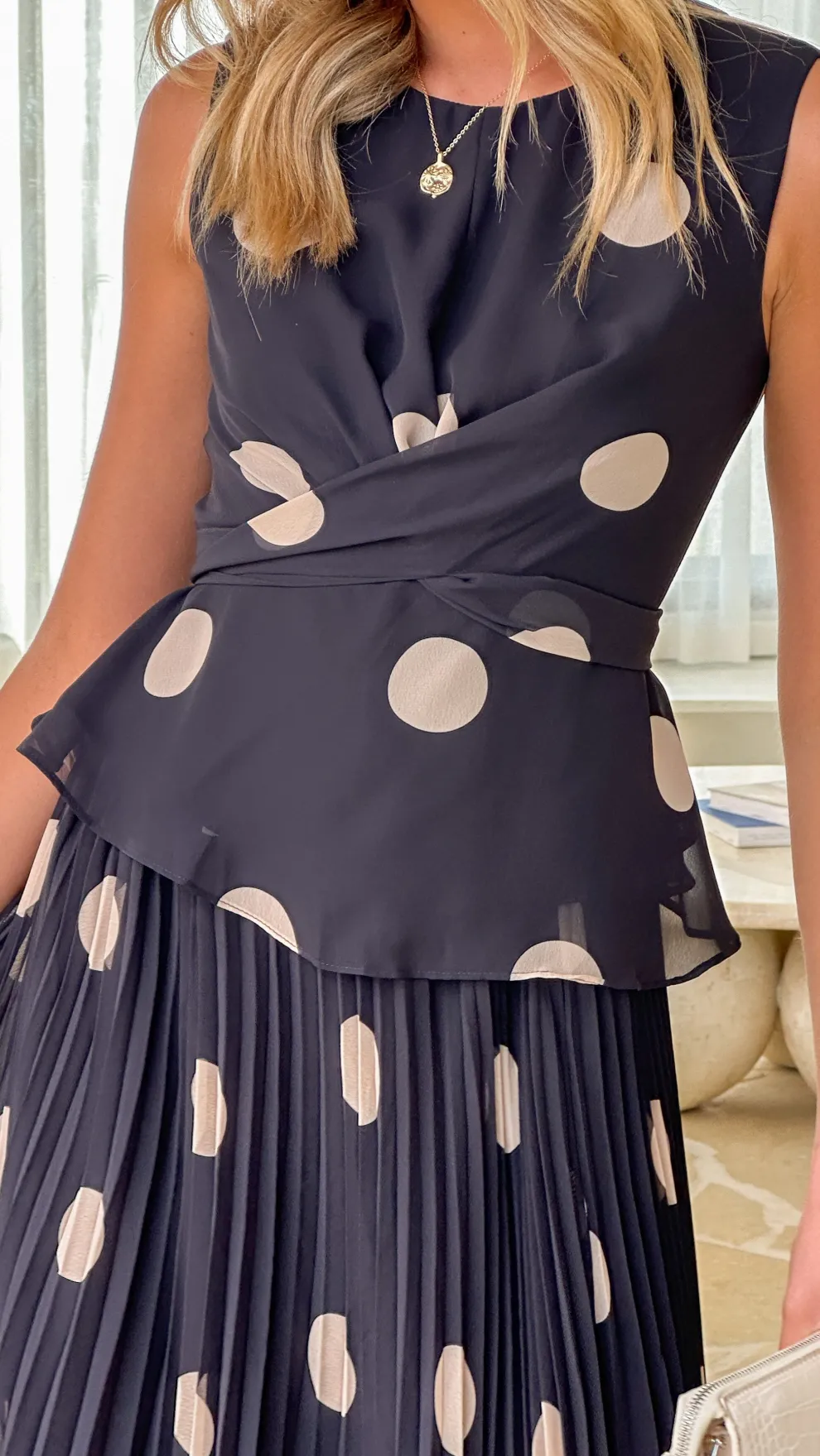 Cambree Peplum Top and Maxi Skirt Set - Black / Beige Polka Dot