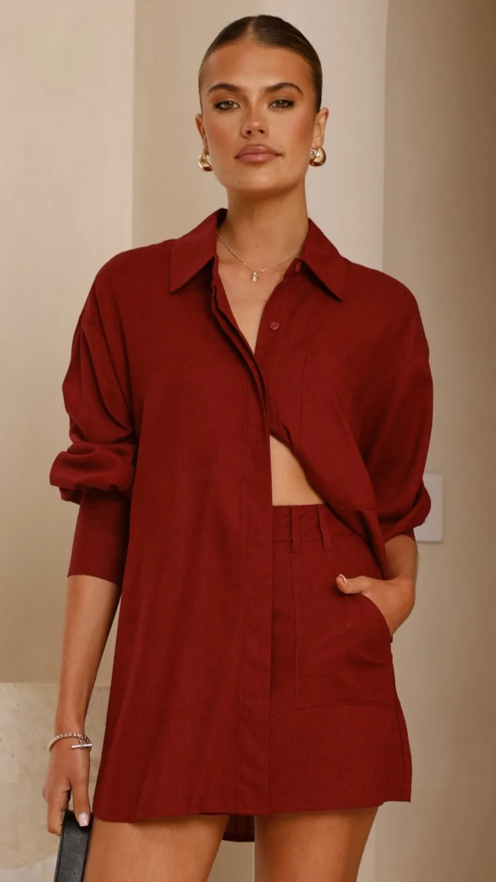 Charla Button Up Top - Burgundy