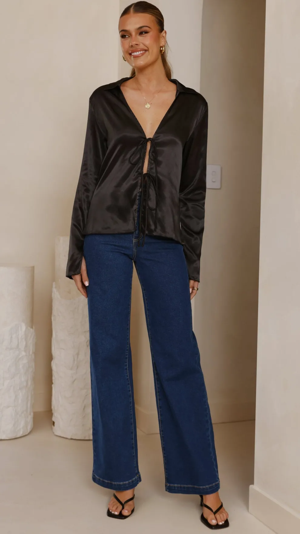 Darielle Tie Front Long Sleeve Top - Black