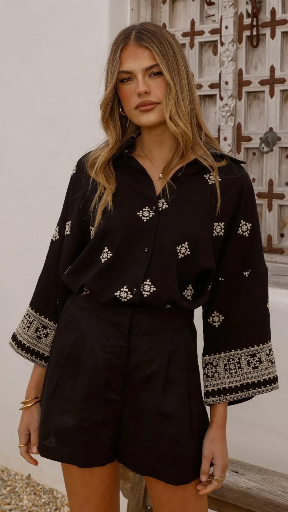 Deni Button Up Shirt - Black/Beige