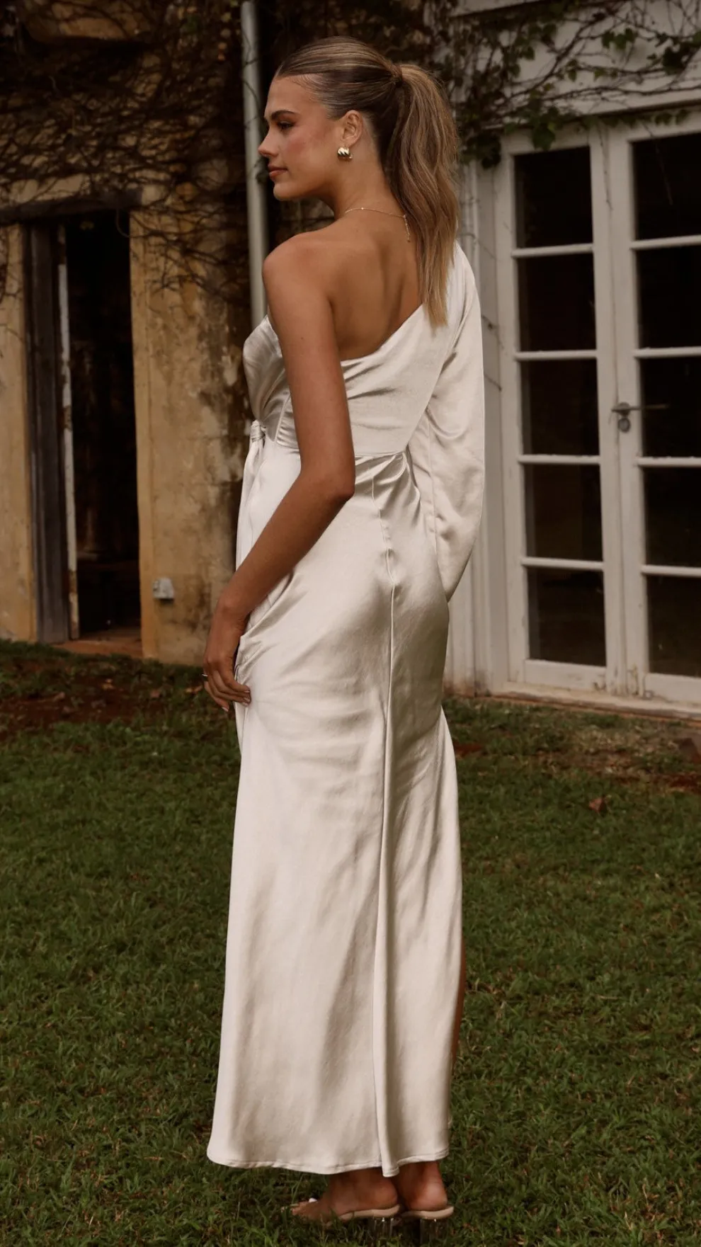 Eden One Shoulder Tie Front Maxi Dress - Champagne