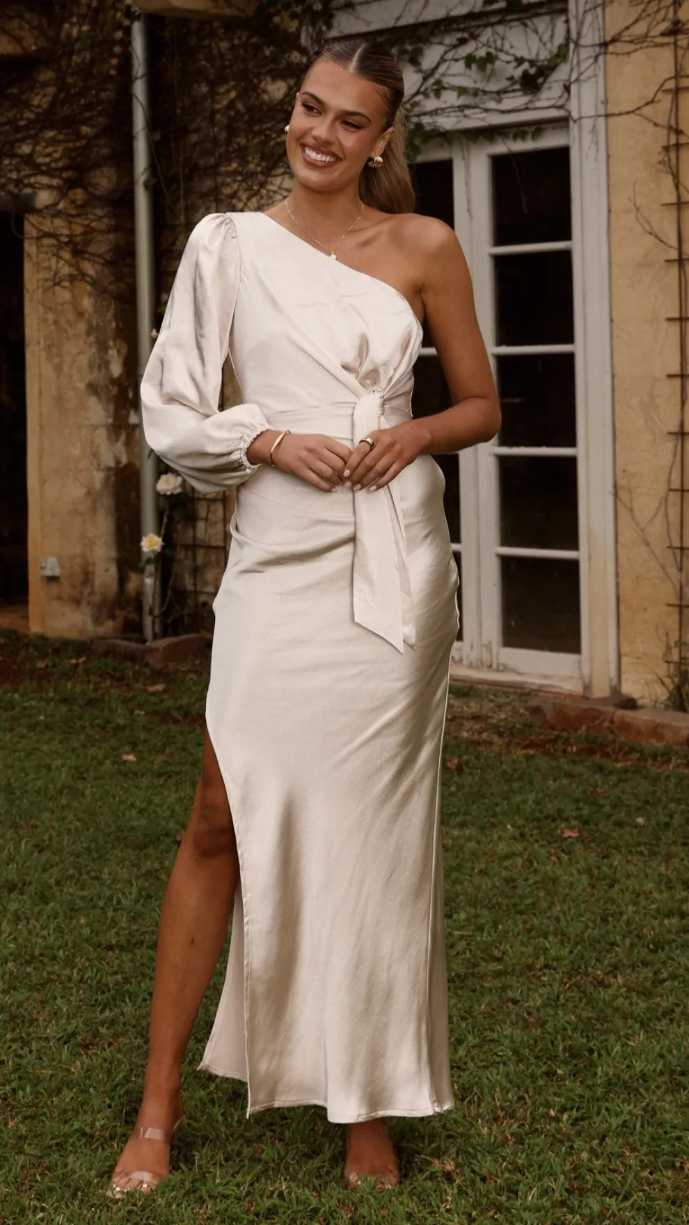 Eden One Shoulder Tie Front Maxi Dress - Champagne