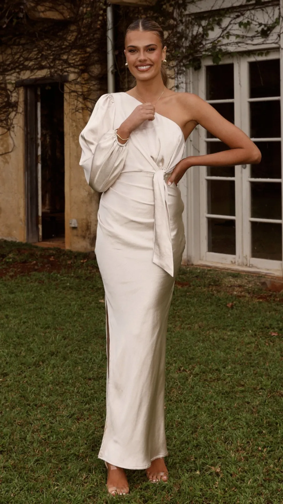 Eden One Shoulder Tie Front Maxi Dress - Champagne