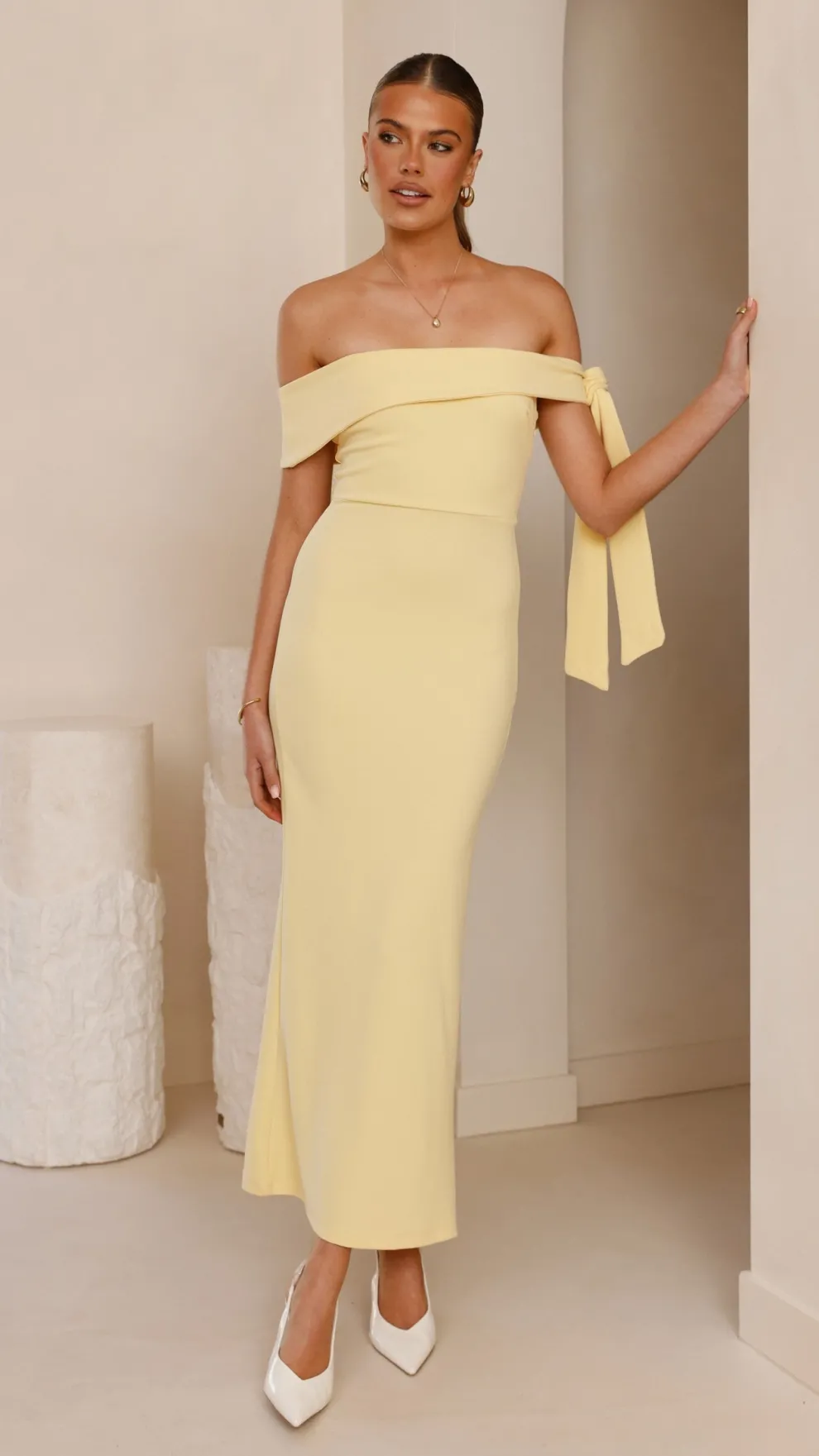 Halen Off Shoulder Midi Dress - Lemon