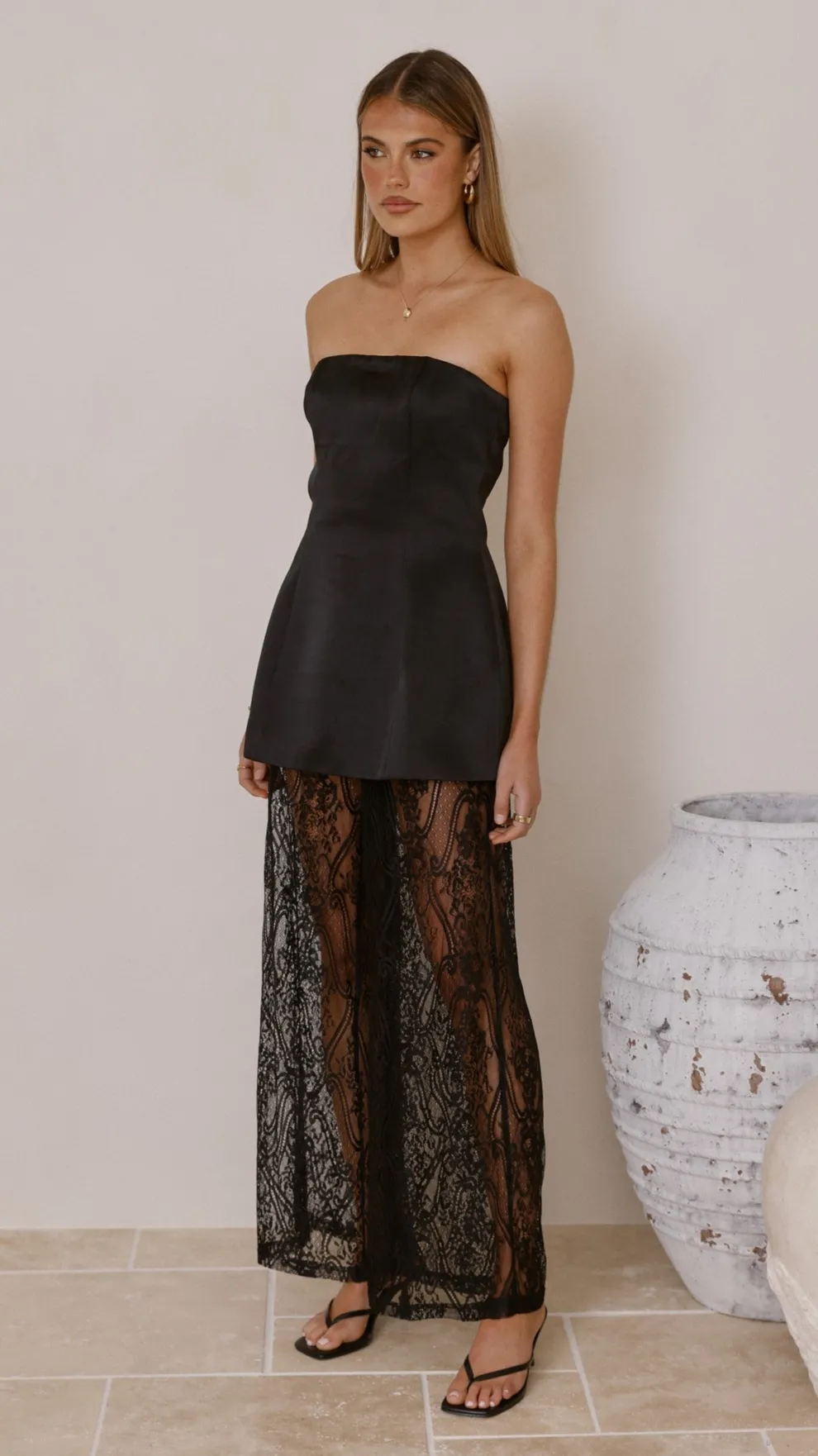 Harlean Strapless Top and Lace Pants Set - Black