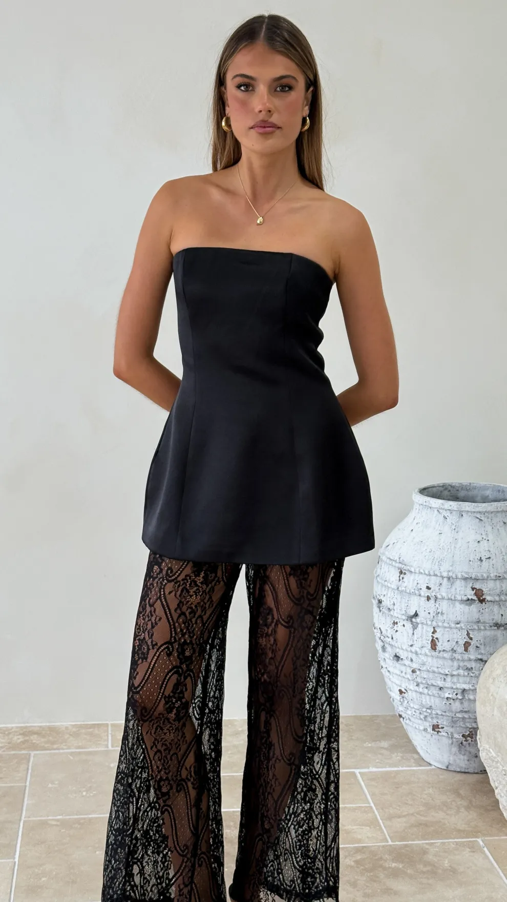 Harlean Strapless Top and Lace Pants Set - Black