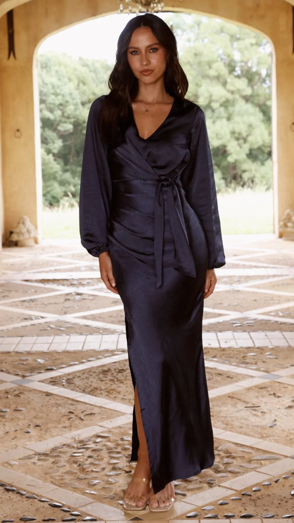 Ivy Long Sleeve Tie Front Maxi Dress - Navy