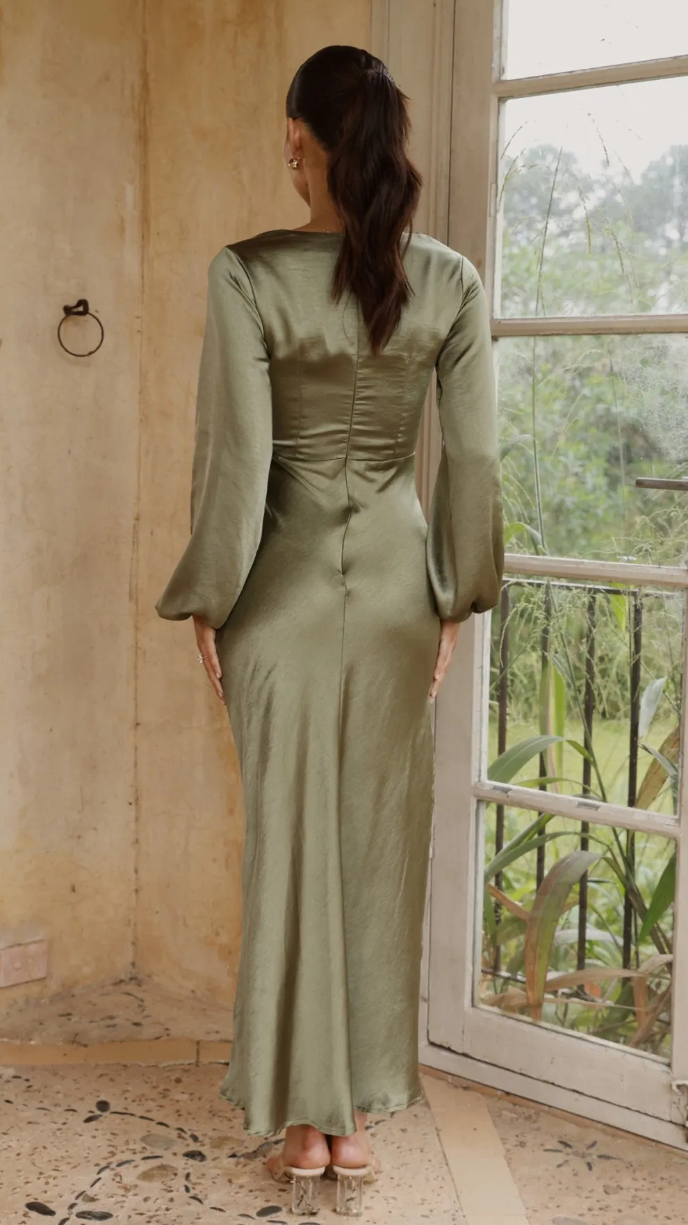 Ivy Long Sleeve Tie Front Maxi Dress - Olive