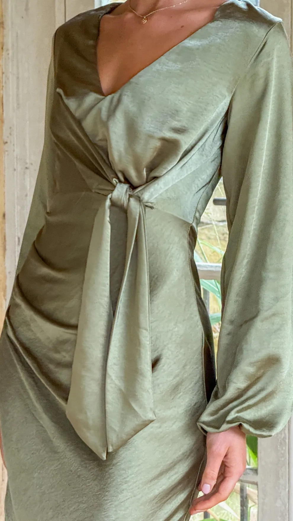 Ivy Long Sleeve Tie Front Maxi Dress - Olive