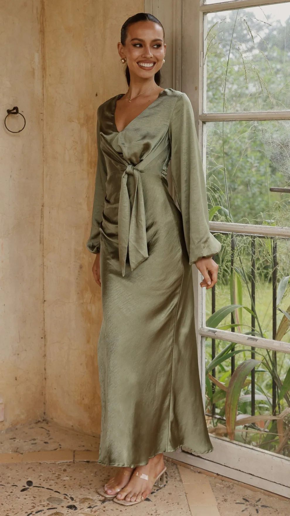 Ivy Long Sleeve Tie Front Maxi Dress - Olive