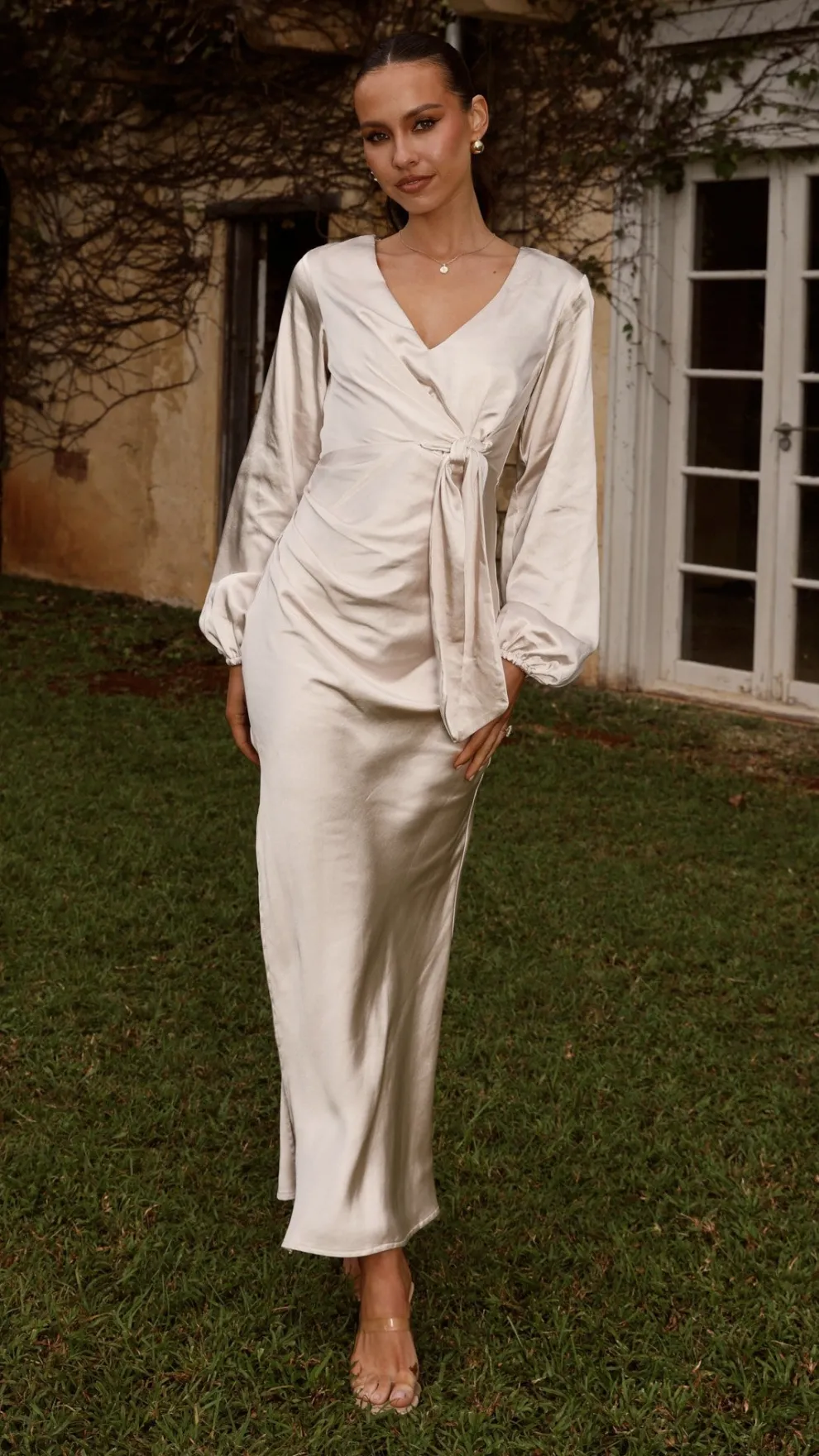 Ivy Long Sleeve Tie Front Maxi Dress - Champagne