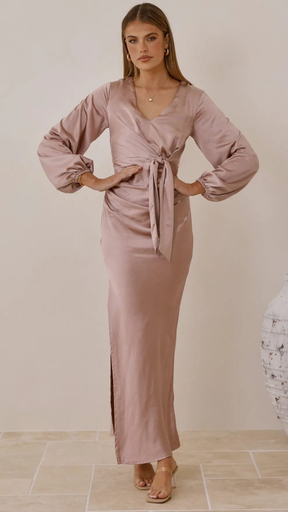 Ivy Long Sleeve Tie Front Maxi Dress - Dusty Pink