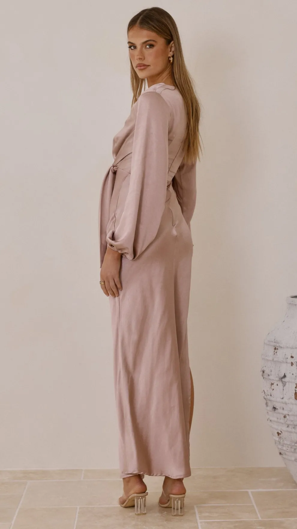 Ivy Long Sleeve Tie Front Maxi Dress - Dusty Pink