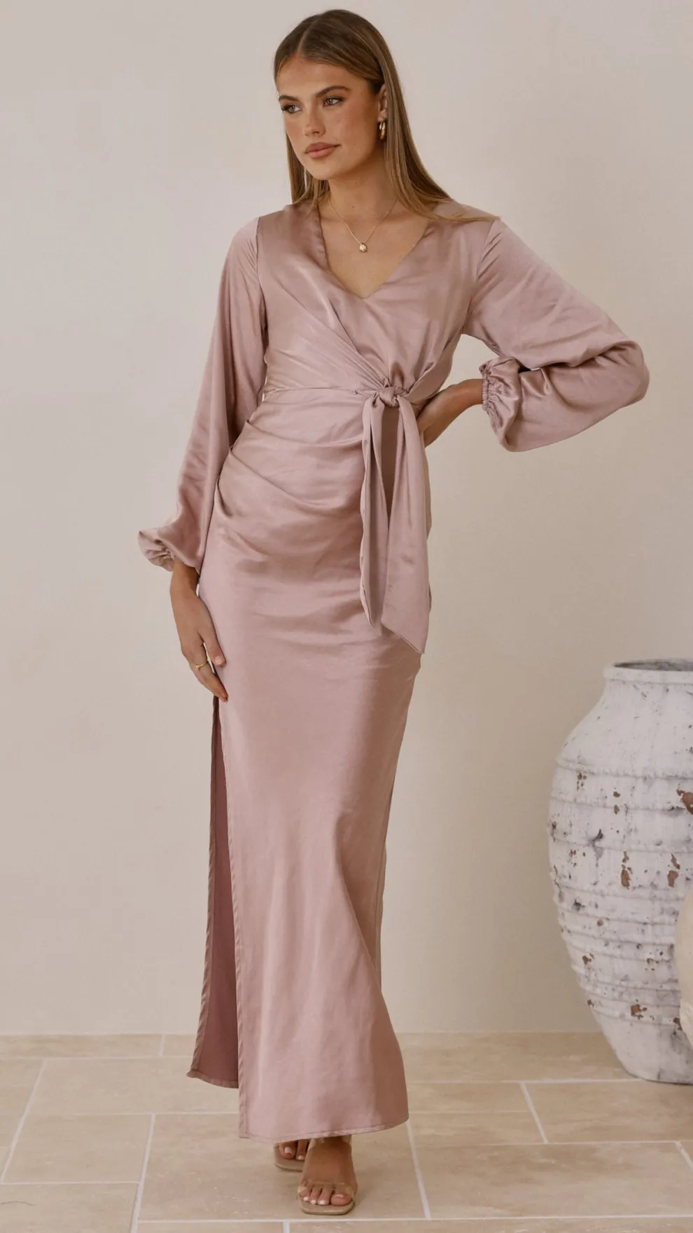 Ivy Long Sleeve Tie Front Maxi Dress - Dusty Pink