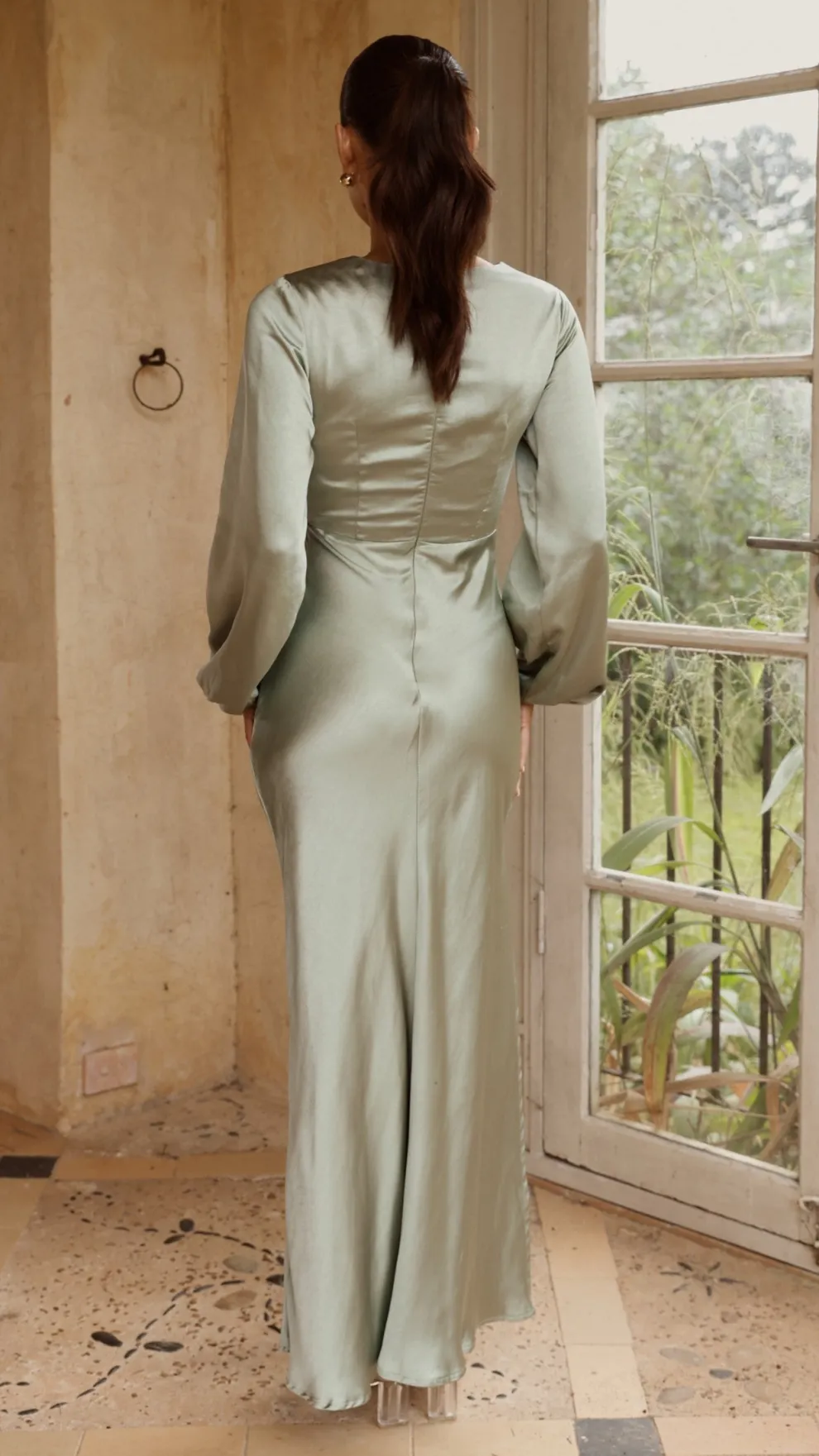 Ivy Long Sleeve Tie Front Maxi Dress - Sage