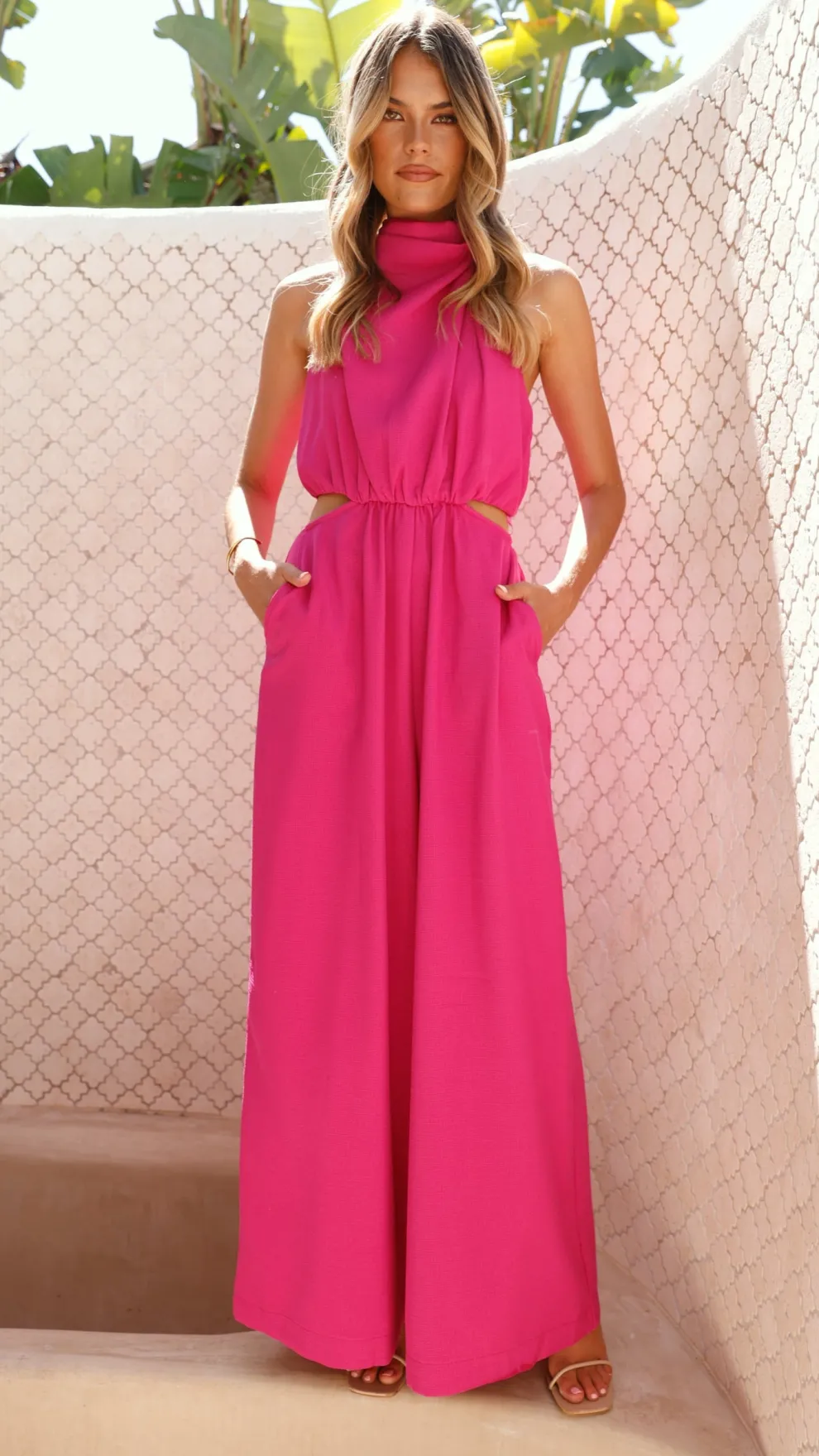 Lara Halter Neck Wide Leg Jumpsuit - Pink