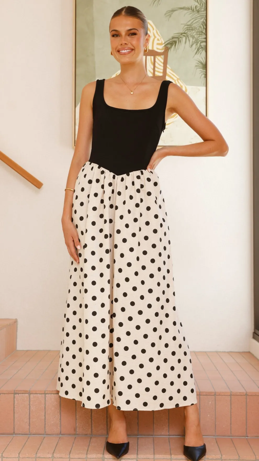 Leoni Maxi Dress - Oat/Black Spot