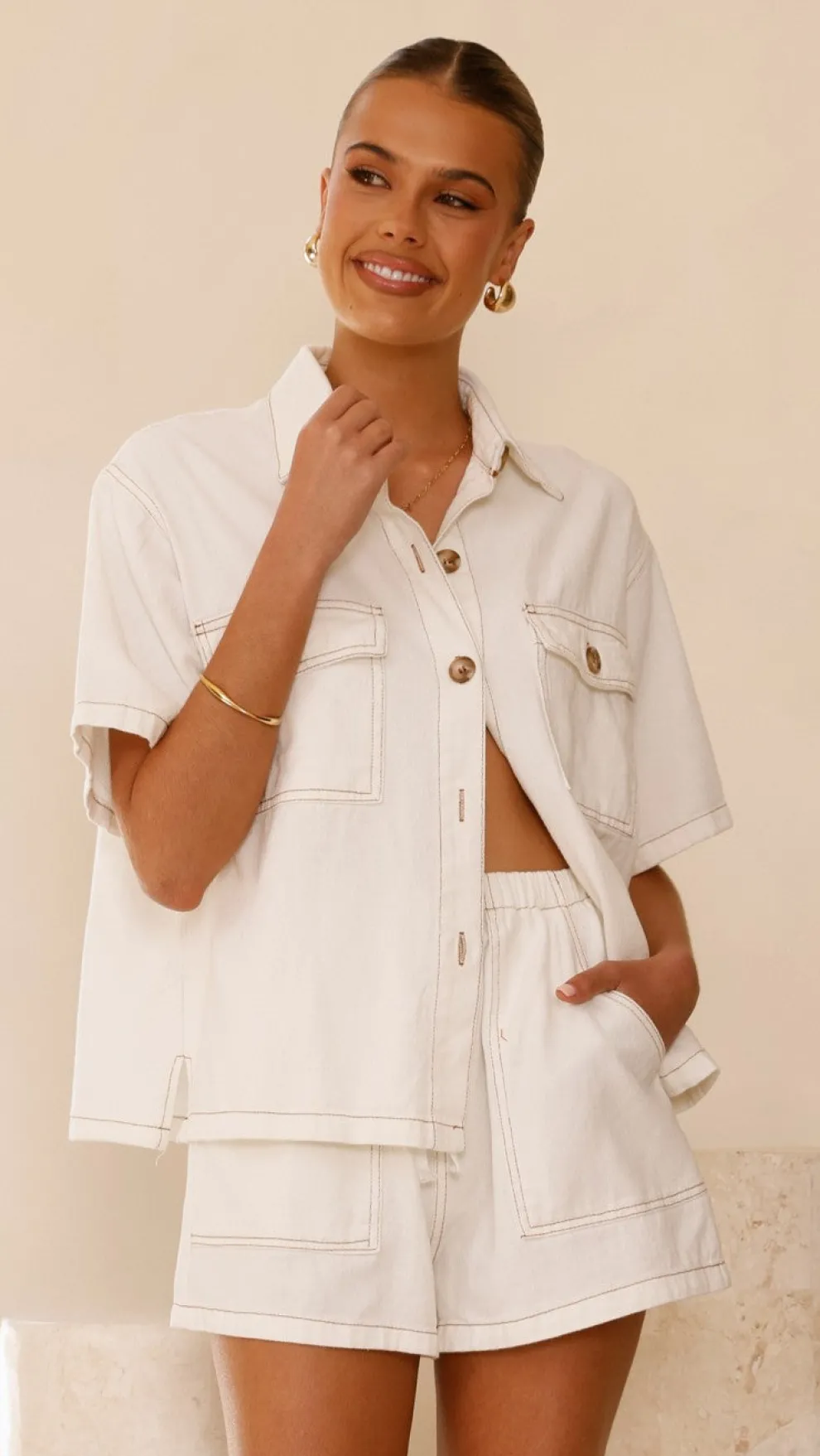 Loretta Button Up and Shorts Set - White Denim