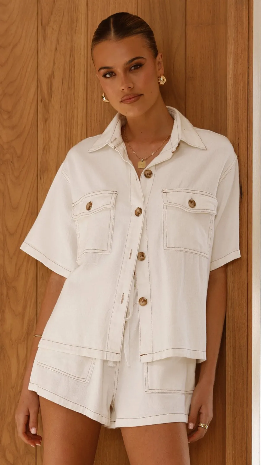 Loretta Button Up and Shorts Set - White Denim