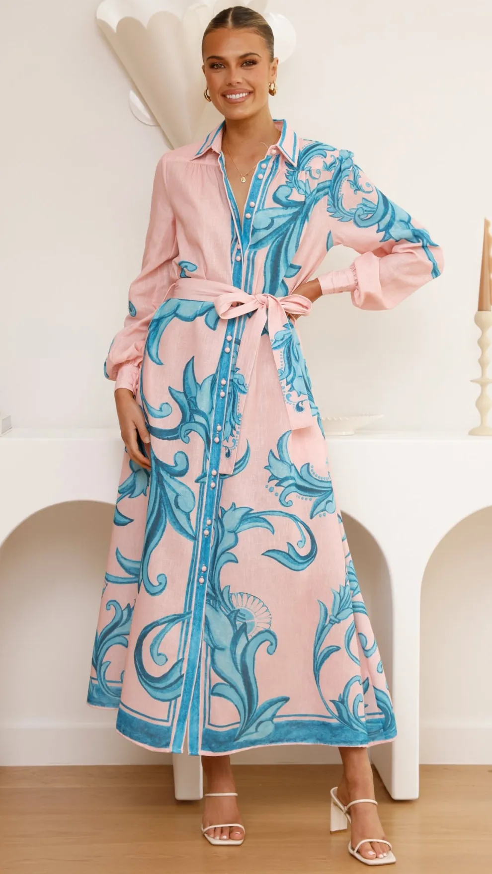 Lucia Long Sleeve Maxi Dress - Aqua/Pink Print
