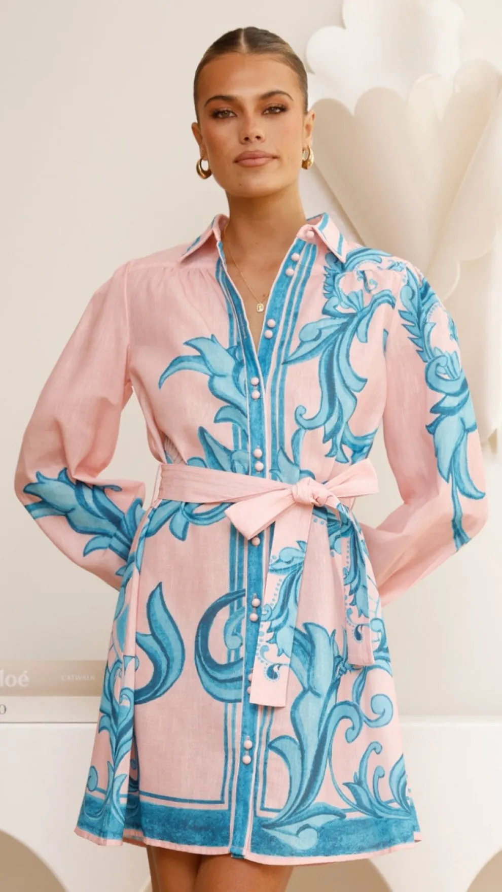 Lucia Long Sleeve Mini Dress - Aqua/Pink Print