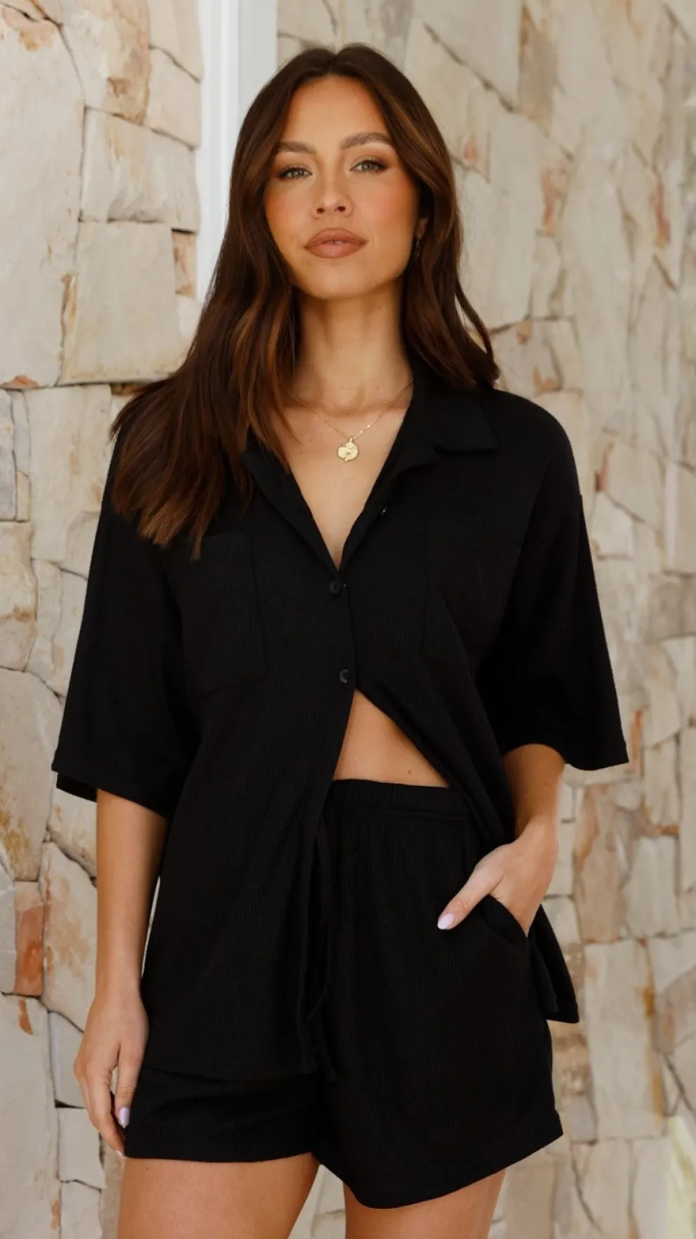 Machiko Button Up Shirt and Shorts Set - Black Waffle Knit