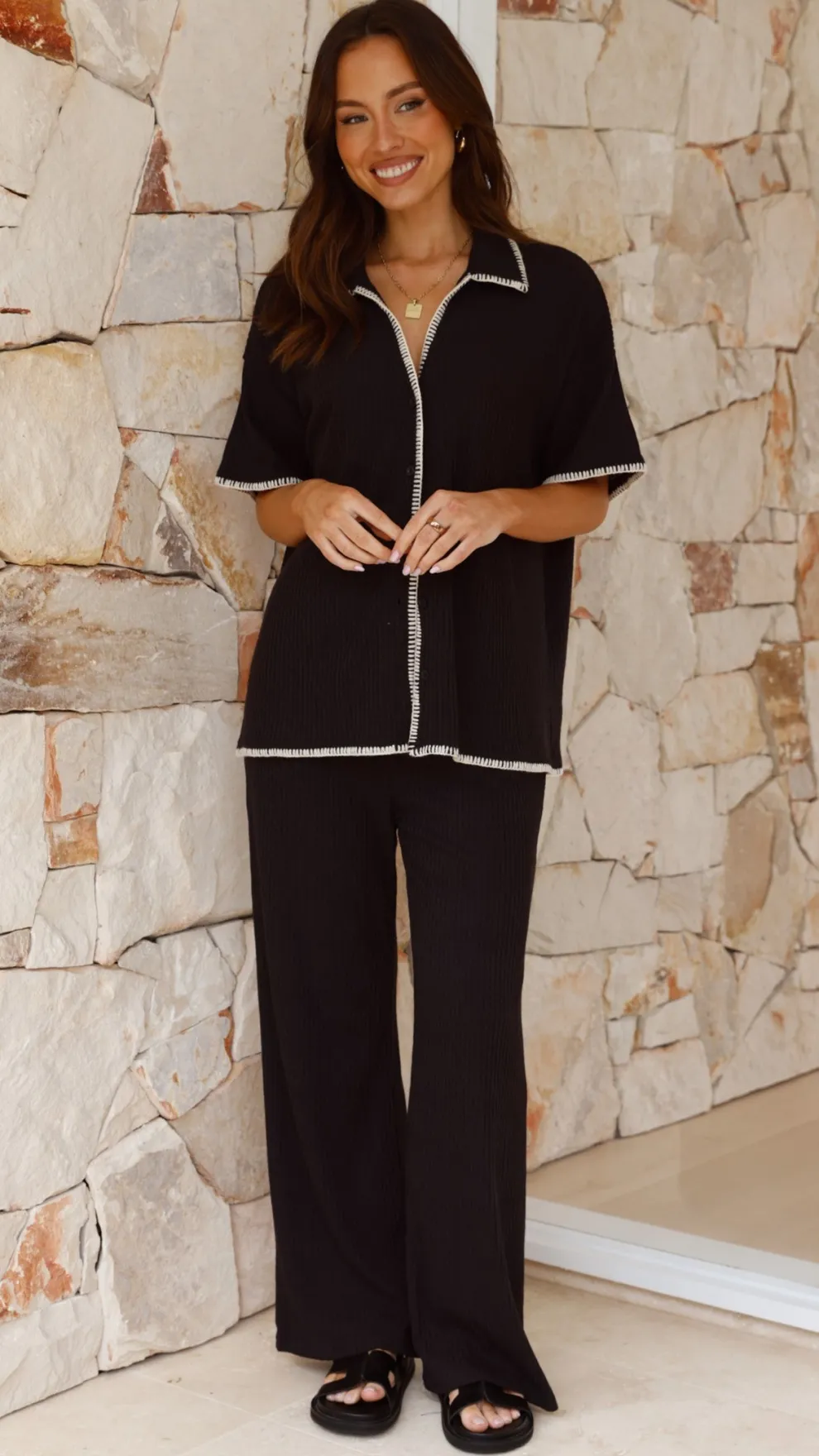 Madian Button Up Shirt and Pants Set - Black