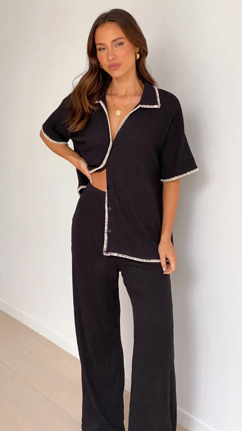 Madian Button Up Shirt and Pants Set - Black