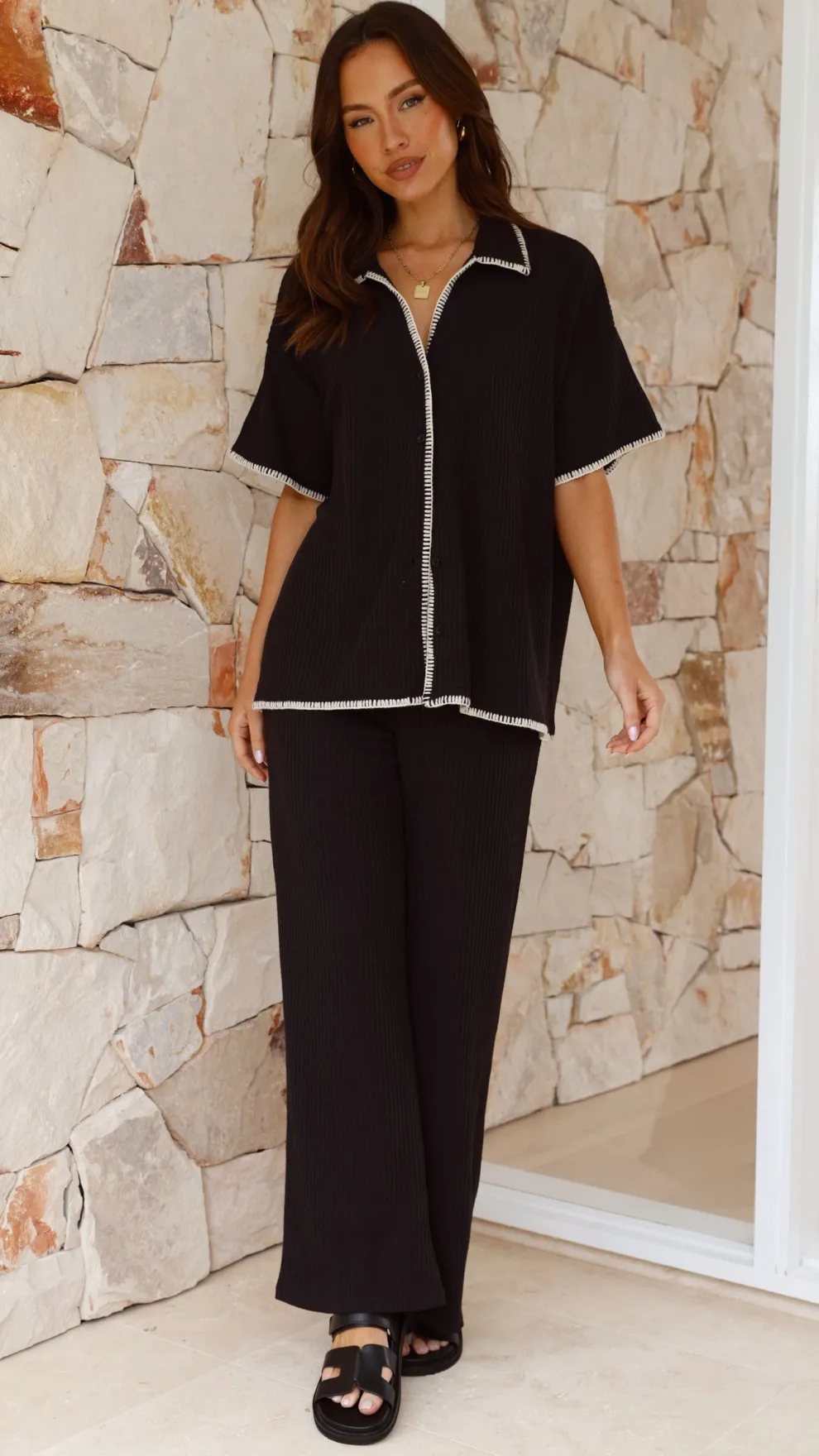 Madian Button Up Shirt and Pants Set - Black