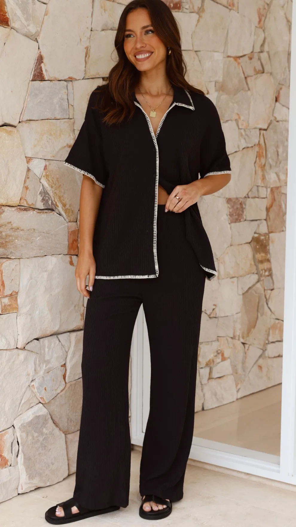 Madian Button Up Shirt and Pants Set - Black