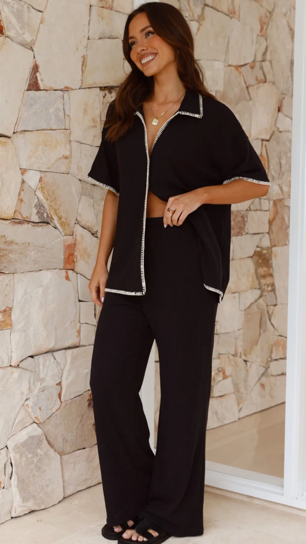 Madian Button Up Shirt and Pants Set - Black