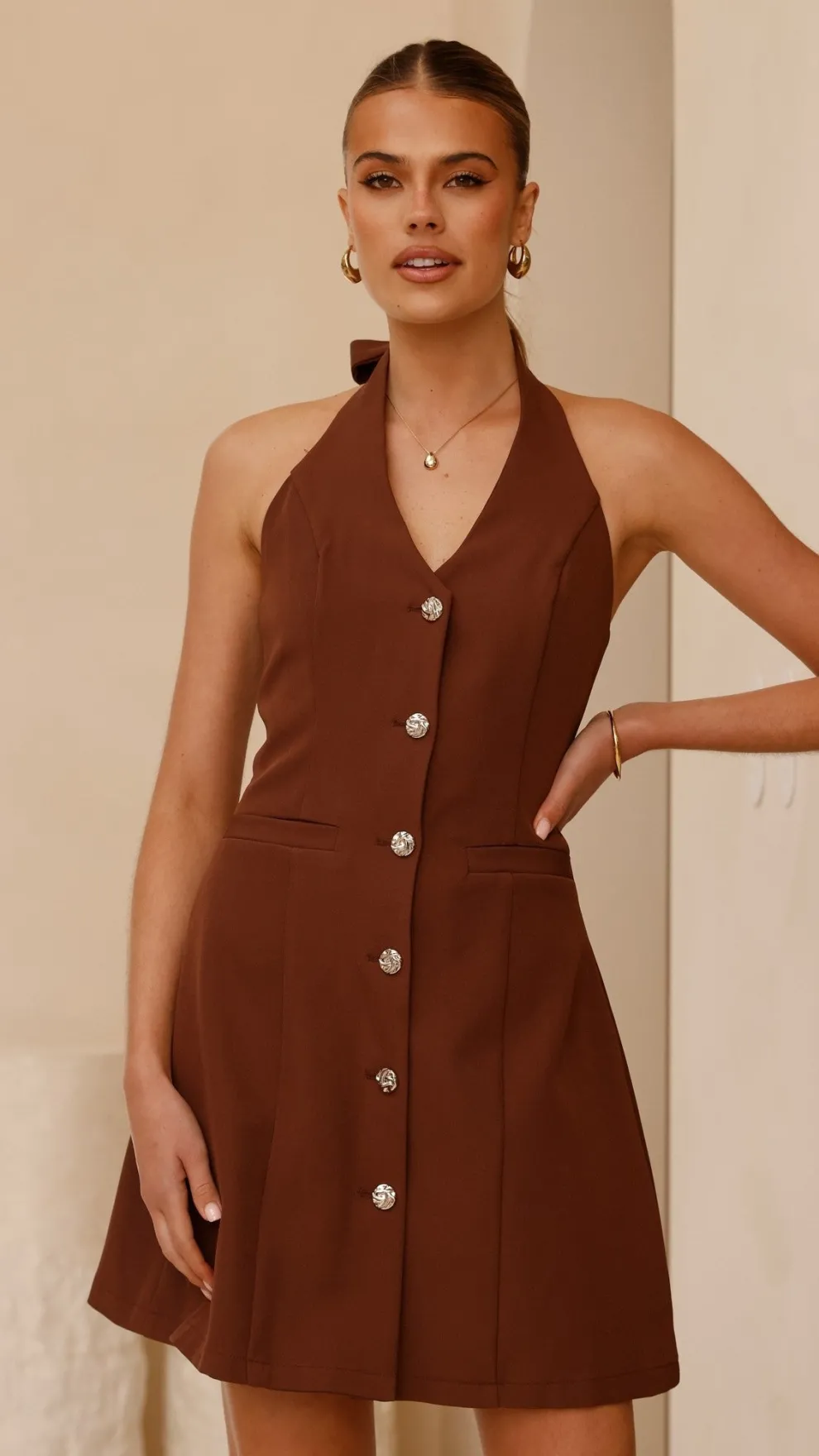 Maia Halter Neck Mini Dress - Brown