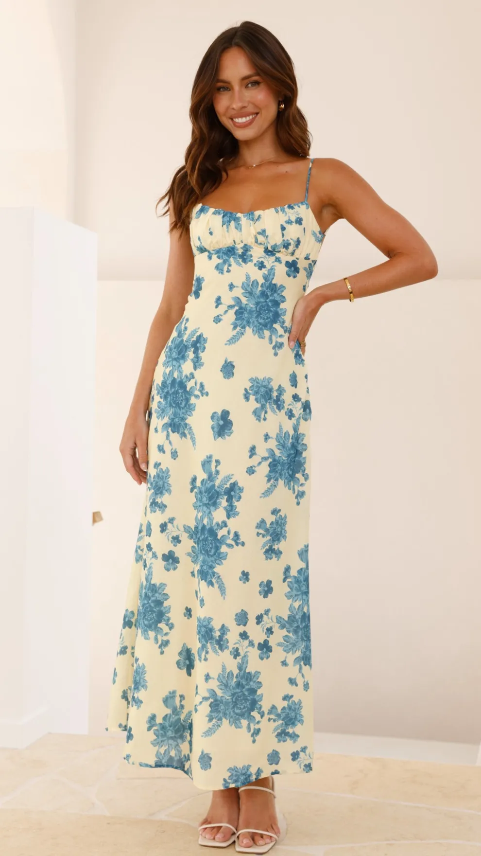 Margie Midi Dress - Yellow / Blue Floral
